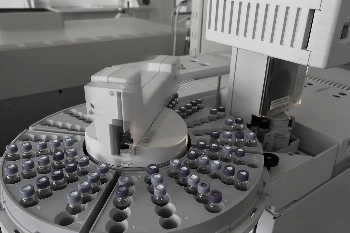 Laboratory autosampler loaded with sample vials